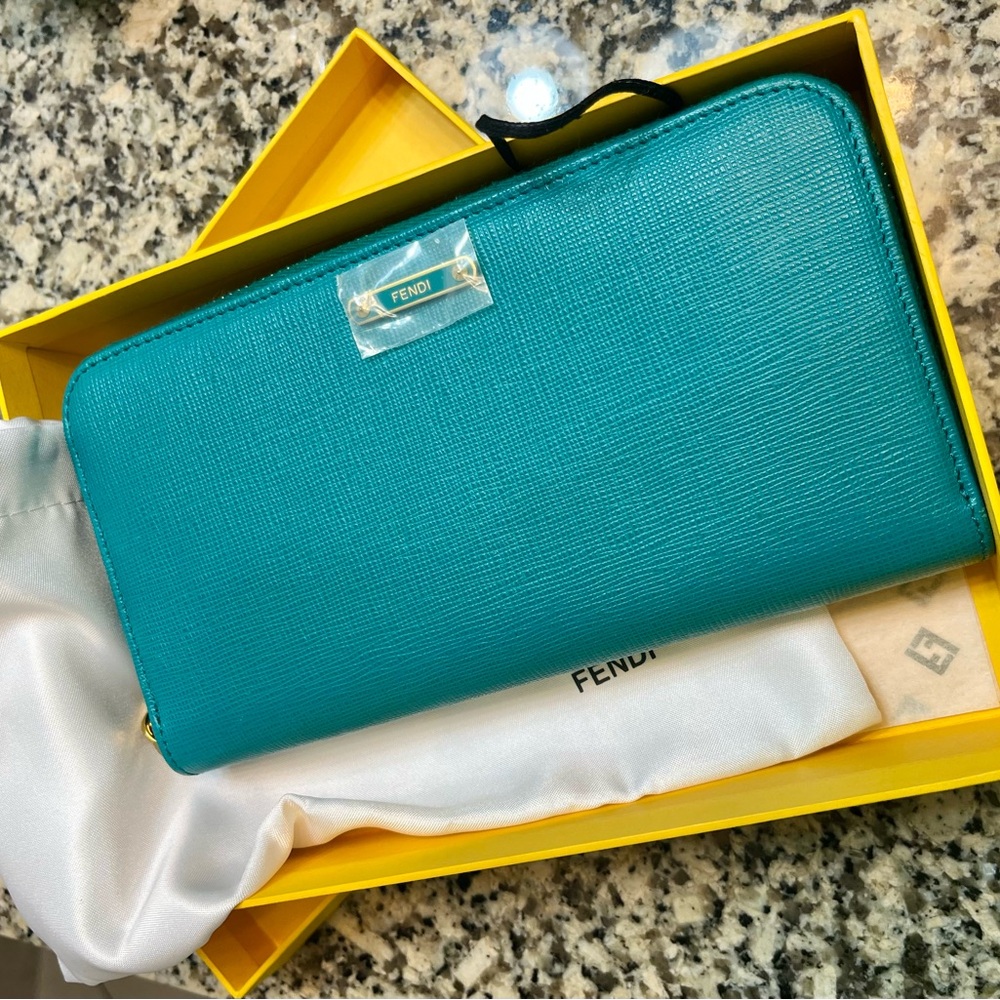 Fendi Turquoise or Teal Colored Zip-Around Long Wallet with Gold Hardware - NWOT